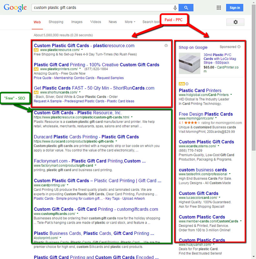 Search engine results to illustrate difference between SEO and PPC results.